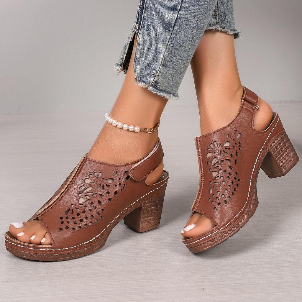 Женские сандалии Ретро Сандалии с толстым каблуком и открытым носком Новая летняя обувь для женщин Сандалии на среднем каблуке Модные полые сандалии Женские