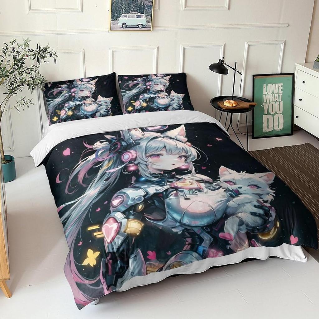 Милый Аниме Девушка Пододеяльник Комплект King Size 220x240см 3шт Моющийся Микрофибра Мультяшный Комплект Постельного Белья Мягкое Одеяло Чехол для Одеяла