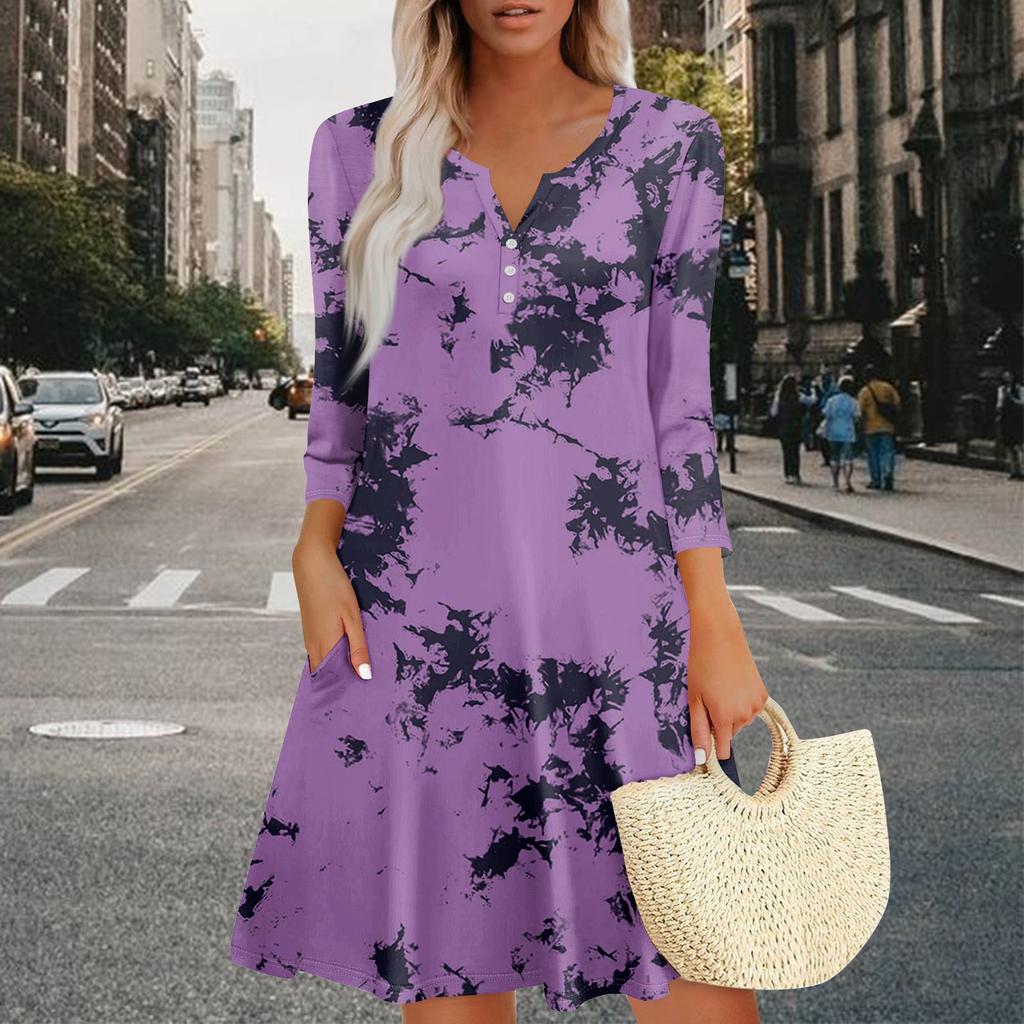 Women's Summer Dress Loose V Neck Three-quarter Sleeve Sundress With Pockets Dress