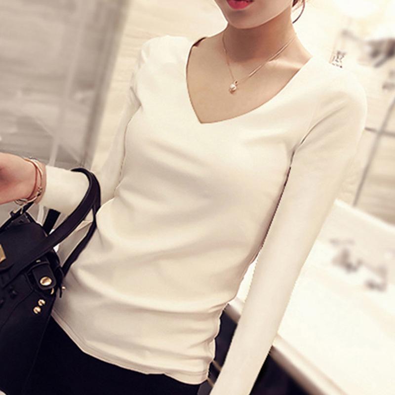 Korean Style Women's Slim Solid Color White Long-Sleeve T-Shirt for Autumn and Winter