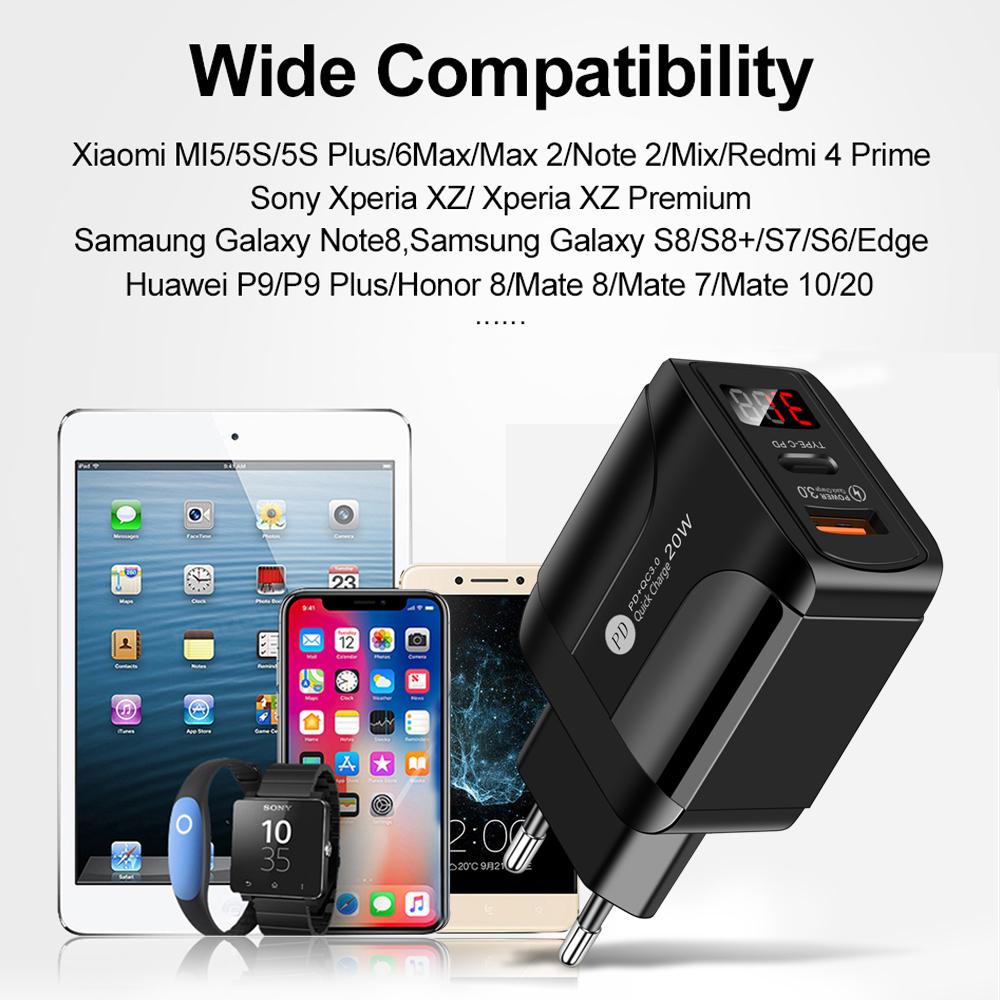 AC DC PD 20 Вт Адаптер питания 5 В Зарядное устройство для iPhone Samsung Xiaomi Type-c LED Display USB Источник питания Дорожный адаптер 5 Вольт