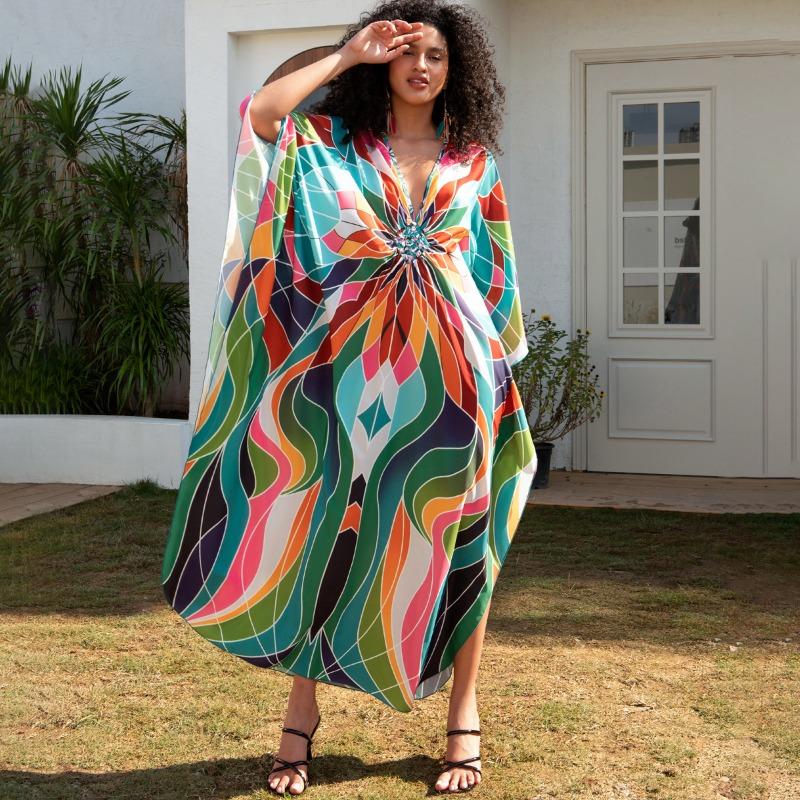 Женская мода весна осень цветные блоки принт длинный рукав V-образный вырез свободная талия повседневные платья