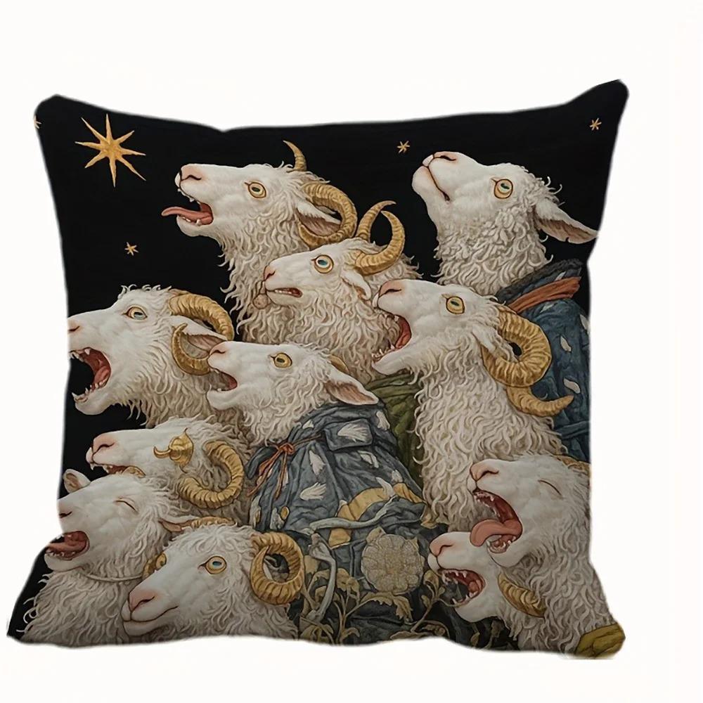 Gothic Dark Pillow Cover Art Goat Cushion Cover Creepy Ram Throw Pillowcase For Sofa Living Room Vintage Home Decor Peach Skin