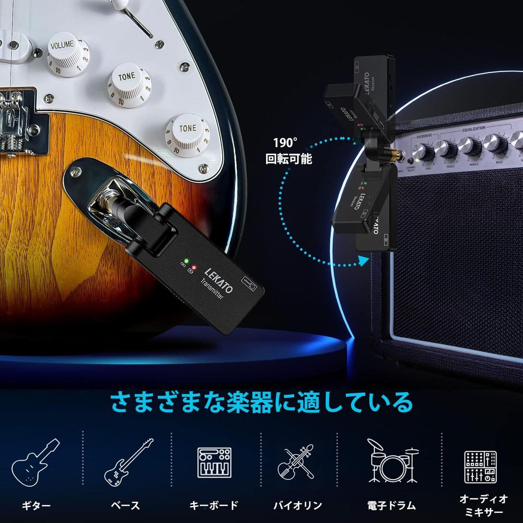 LEKATO Guitar Wireless Guitar Wireless System Wireless Bass Electric Guitar with and Mono 4 USB Black Ws-100 Transmitter/Receiver 3.5mm 6.35mm Plug,