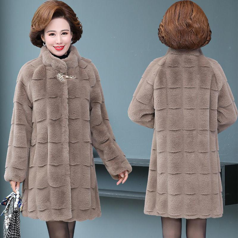 Middle-aged Mother Winter Coat Middle-aged and Elderly Women's Mid-length Imitation Leather Thickened Imitation Mink Fleece Coat
