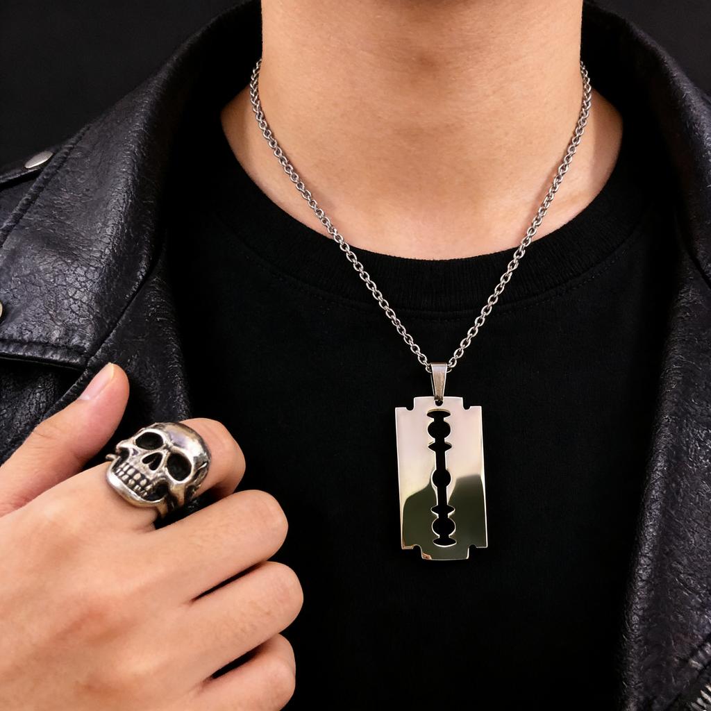 Hiphop Razor Blade Pendant Necklace Men Stainless Steel Male Knife Razorblade Shaver Shape Chain Jewelry N443S01