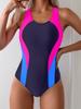 Женский слитный купальник 2024 года с цветными блоками и вырезом на спине