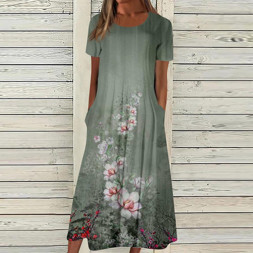 Женское летнее повседневное модное платье с коротким рукавом и карманом с круглым вырезом