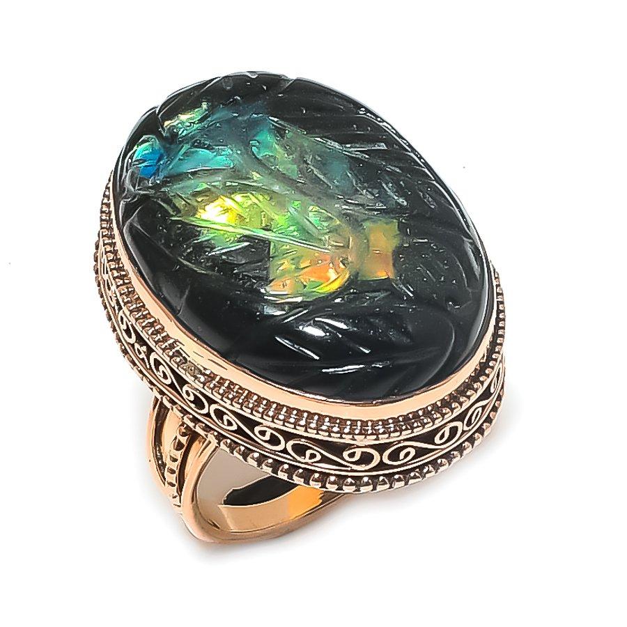 Natural Ammolite Gemstone Handmade Copper Jewelry Ring Size 9 K6s94