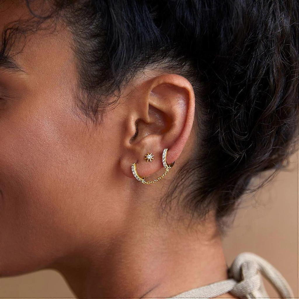 14K Gold Plated Flat Back Earrings with 925 Sterling Silver Posts | Helix/Cartilage Studs | Cubic Zirconia | Compatible with Sensitive Ears