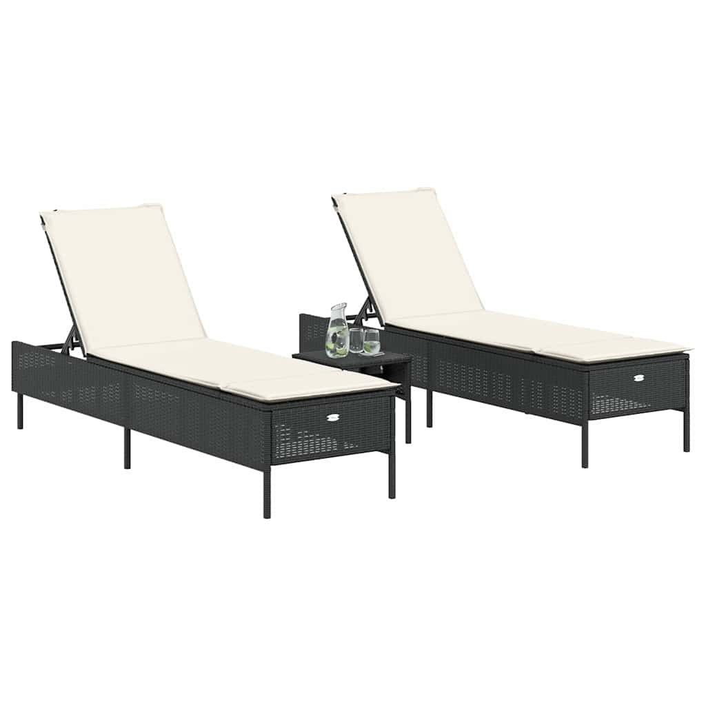 3 Piece Sun Lounger Set with Cushions Black Poly Rattan