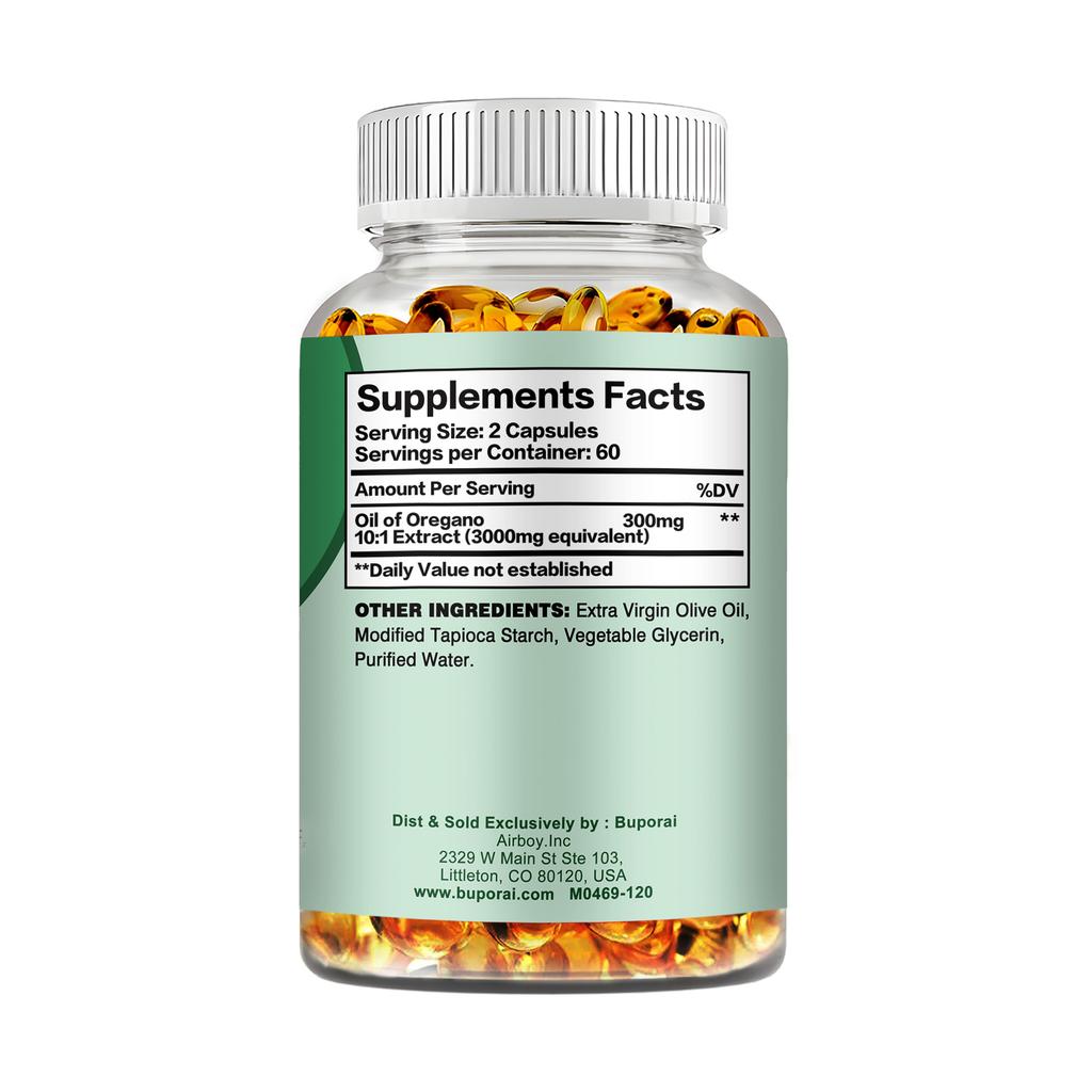 Buporai Oregano Oil Extract Capsules, 3000 mg per serving, provide immune support, enhance the immune system, and promote gut health.