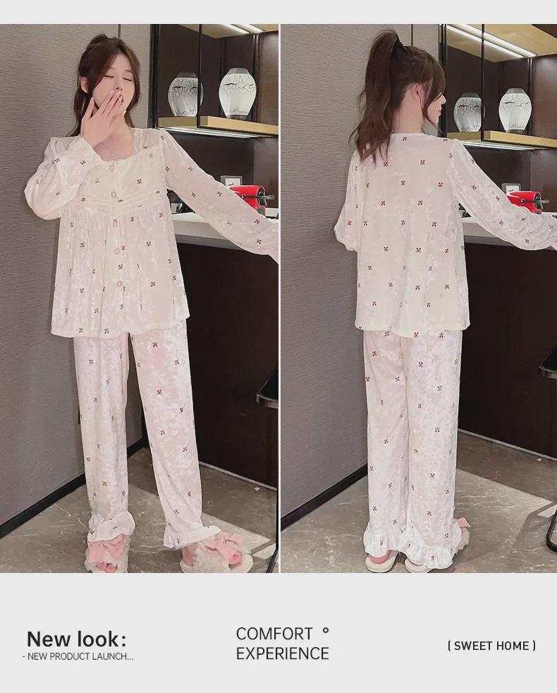 2024 Новый женский пижамный комплект из золотого бархата - плотный бархат цвета кораллового бриллианта для весны, осени и зимы