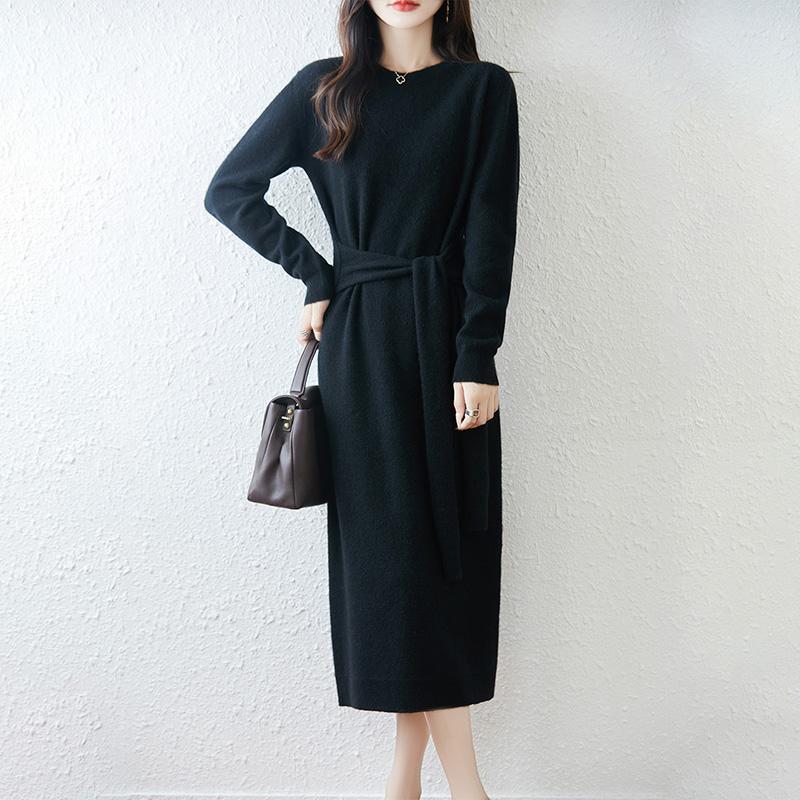 Women Sweater Dress 100% Wool TIDENOVEL O-neck Knit Long Pullover Winter Jumpers Wool Long Dress Female