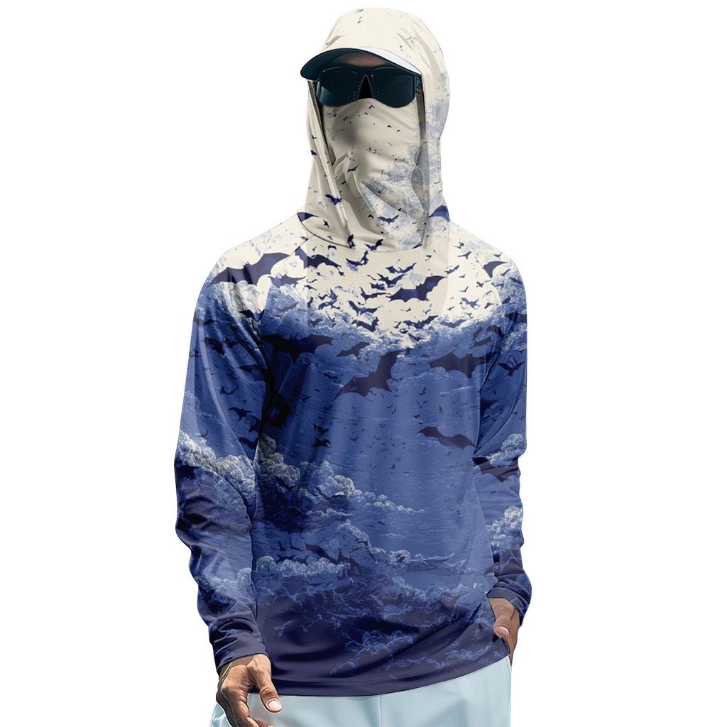 Мужская худи реглан для рыбалки с принтами на Хэллоуин - UPF 50+ УФ защита, длинный рукав, солнцезащитная рубашка с сетчатым козырьком