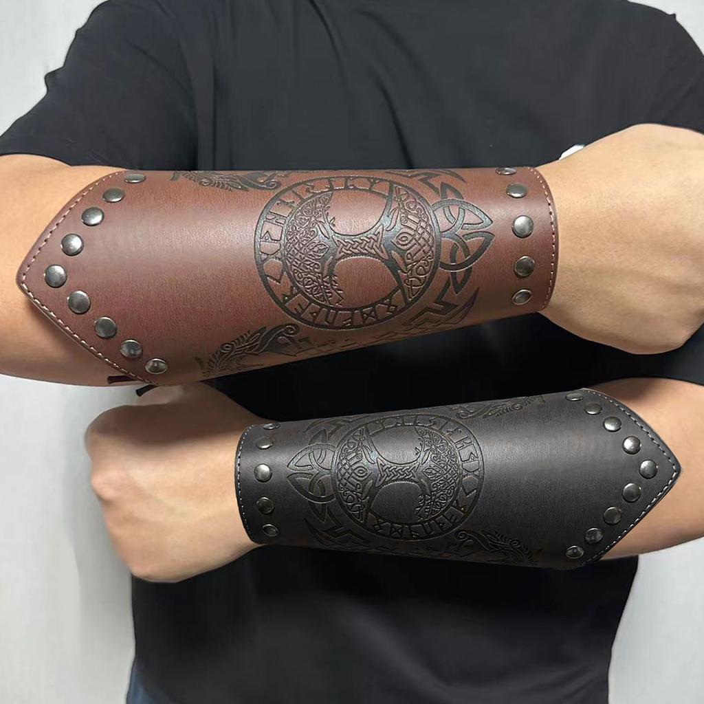Medieval Wristband Men Cosplay Totems Embossed Bracer Gauntlet for Men Cosplay PU Wristband for Photoshoots and Stage