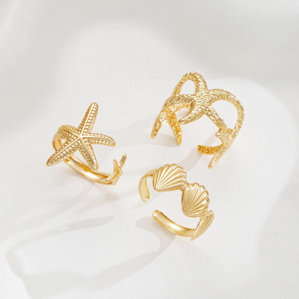3 шт. Элегантное кольцо-стек, кольцо с открытой ракушкой морской звезды, железо, золото, вода, бриллиант, золото, повседневная одежда, аксессуары для вечеринок