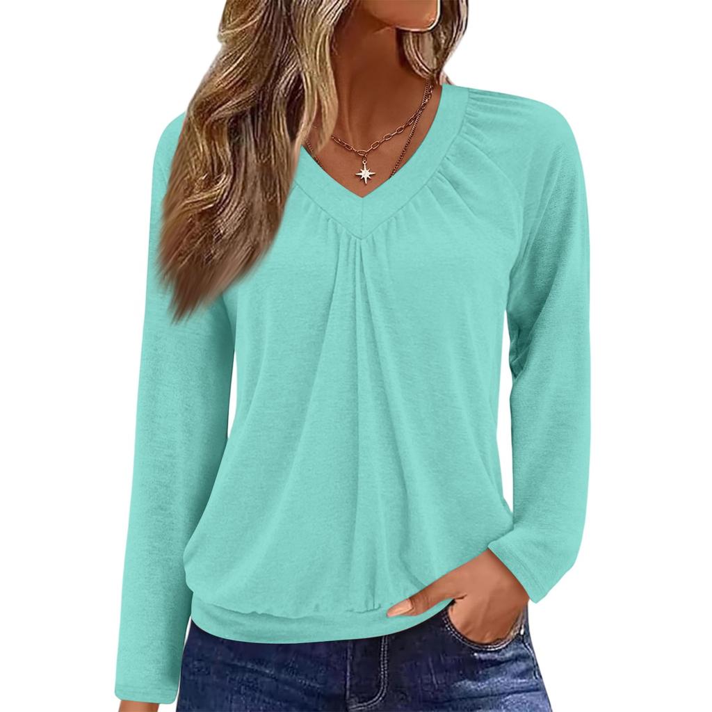 Women's Casual Fashion V-Neck Raglan Pleated Solid Color Long Sleeve Top