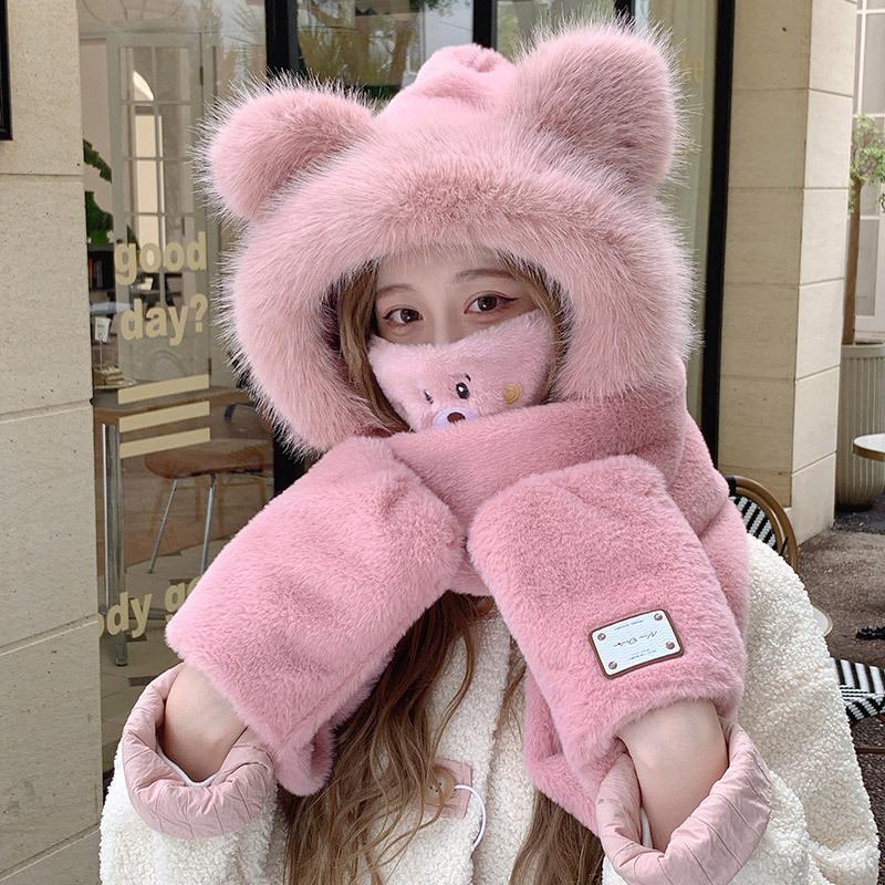 Корейский милый плюшевый комплект из трех предметов для женской осени и зимы Новый шарф, перчатки, шляпа, интегрированная плюс бархатная холодостойкая и теплая шляпа