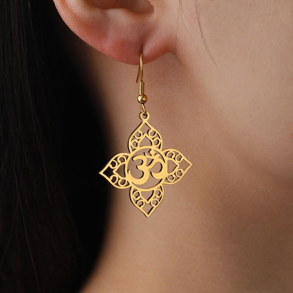 Dawapara Yoga Lotus OM Symbol Dangle Earrings for Women Girls Aum Ohm Spiritual Amulet Chakra Pendant Stainless Steel Jewelry