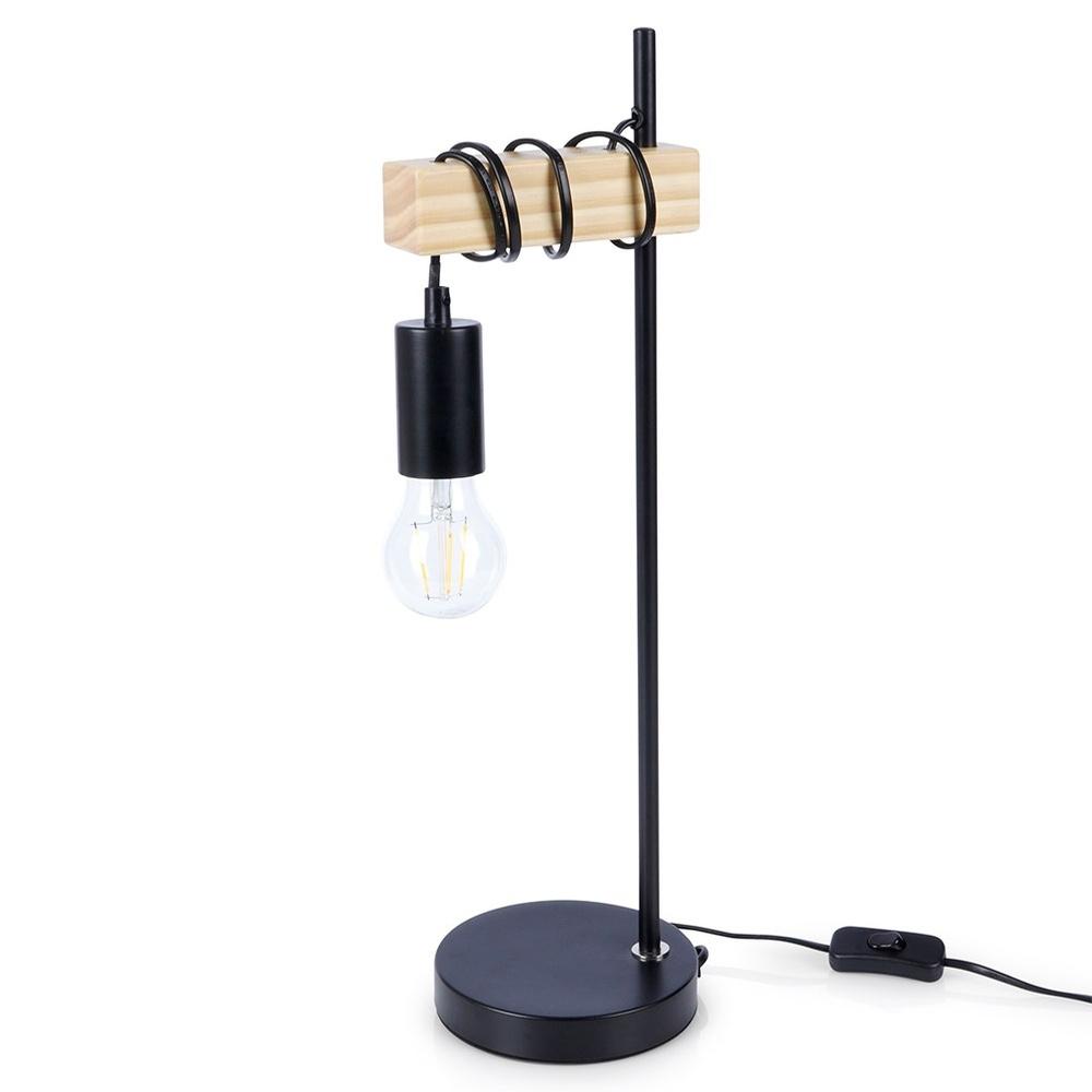 Lampa Stołowa Nocna na Szafkę Lampka Metalowa Drewniana Czarna Loftowa