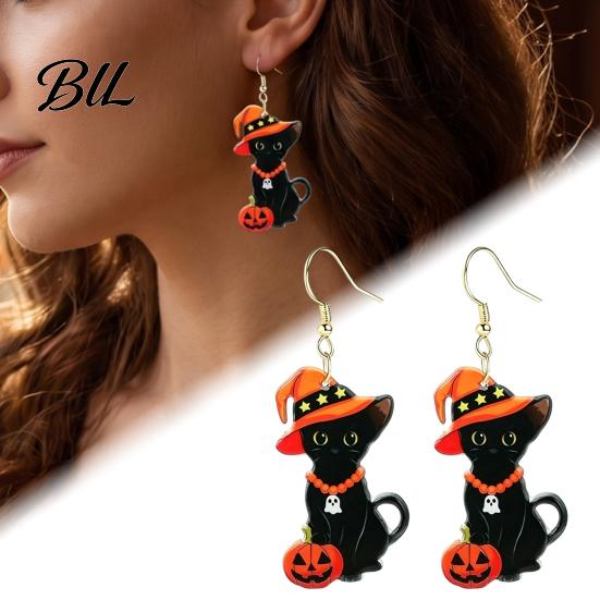 Cute Pumpkin Wizard Hat Earring 1 Pair Halloween Black Cat Acrylic Earrings for Women, Eye Catching Seasonal Ear Jewelry with And Dangle Party Costume