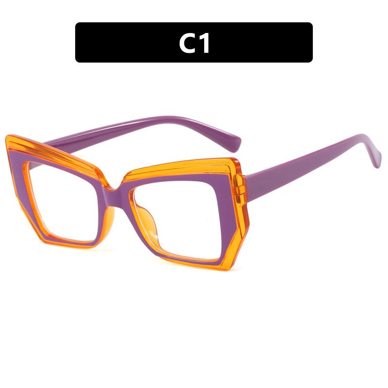 Retro Color-blocking Cat-eye Polygon Anti-Blue Light Women's Eyeglass Frame with Flat Lenses