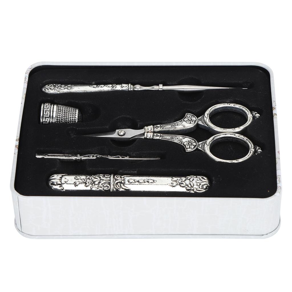 Retro Sewing Scissors Set Silver Threading Needle Thimble Household Cutting Tools Boxed