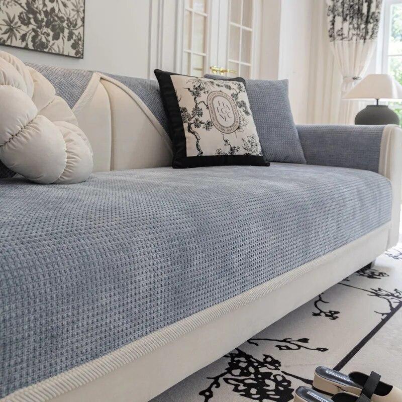 Waffle Chenille Sofa Cushion Non-Slip Plaid Backrest Armrest Towel Universal Living Room Four Seasons Simple