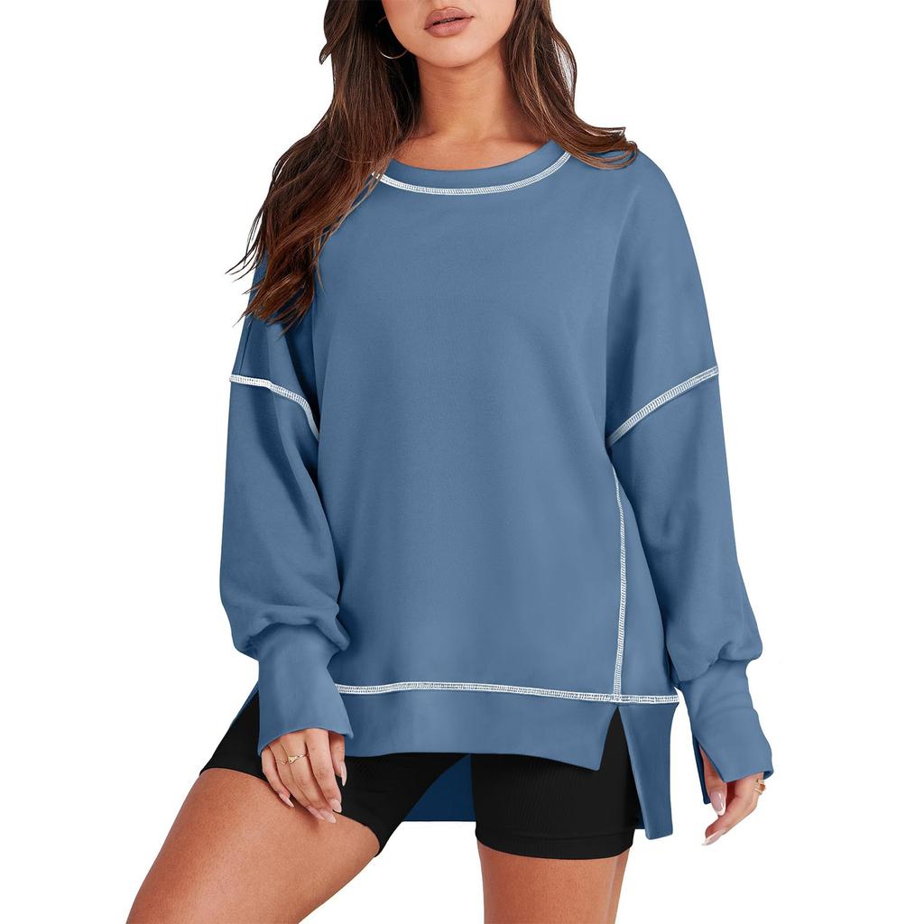 Women's Casual Loose Fitting Pullover Sweatshirt Solid Color Split Stitch Long Sleeved Sweatshirt