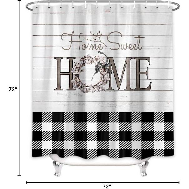 MERCHR Buffalo Check Plaid Shower Curtain 72 x 72 Inch, Farmhouse Wooden Board Shower Curtain, Rustic Flower Home Sweet Home Bath Curtain Polyester
