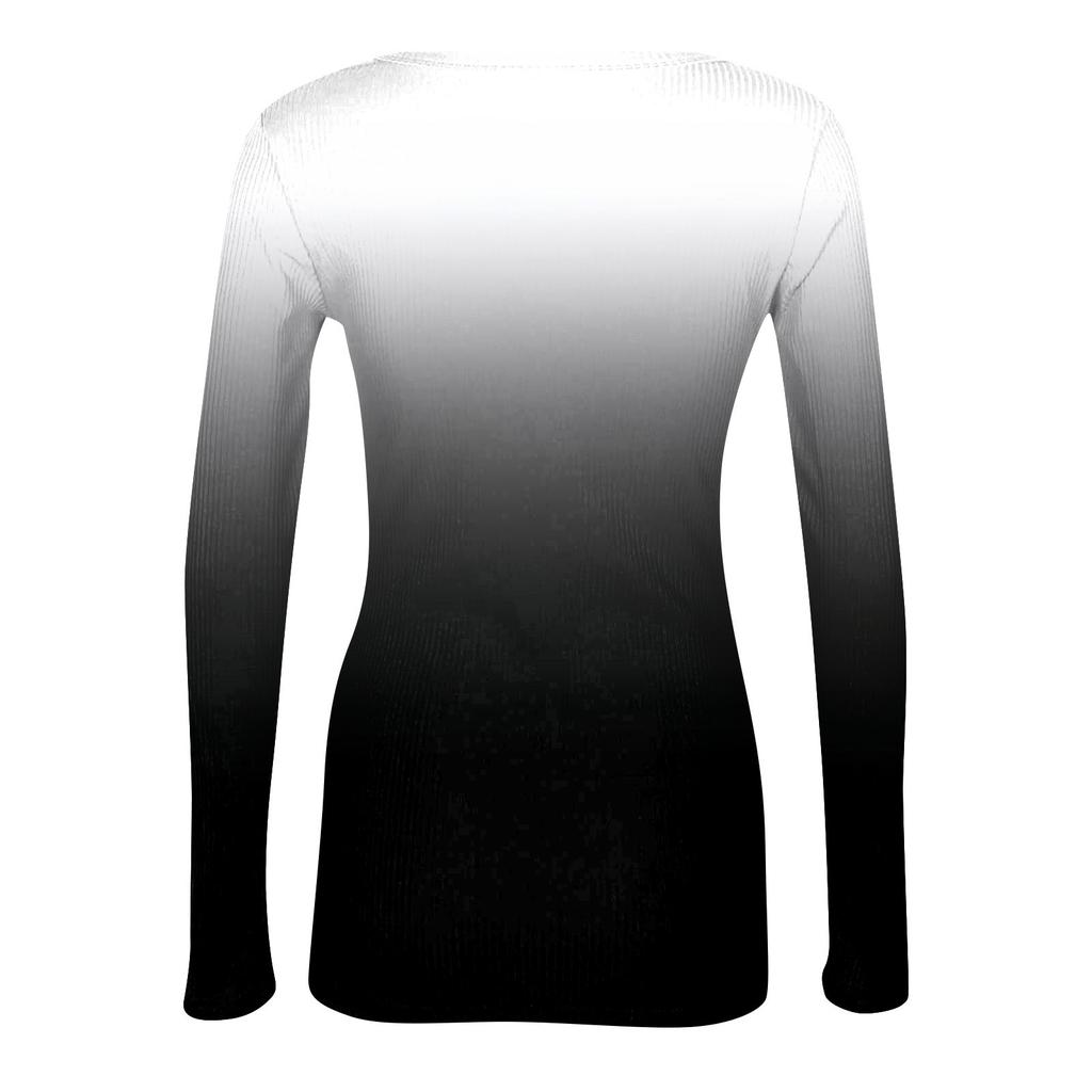 Women's  And Winter Slim Bottom T-shirt Fashion Casual Gradient Printing Round Neck Pullover Long Sleeve Top