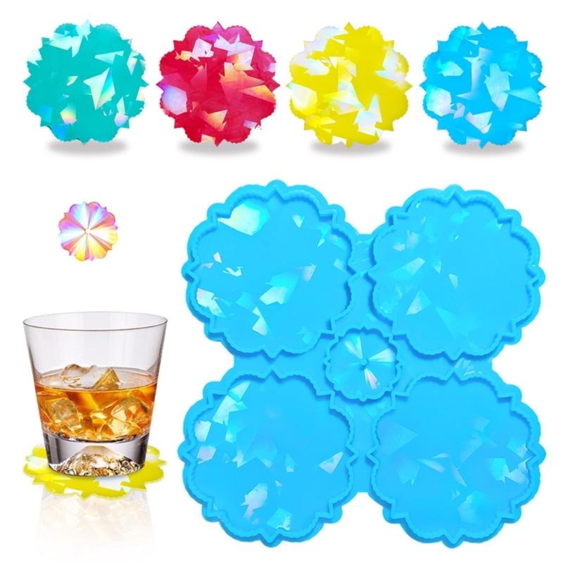 Crystal Coaster Mold 4-Cavity Flower Shaped Holographic Resin Molds Silicone Jewelry Making Epoxy Mould Decorative DIY