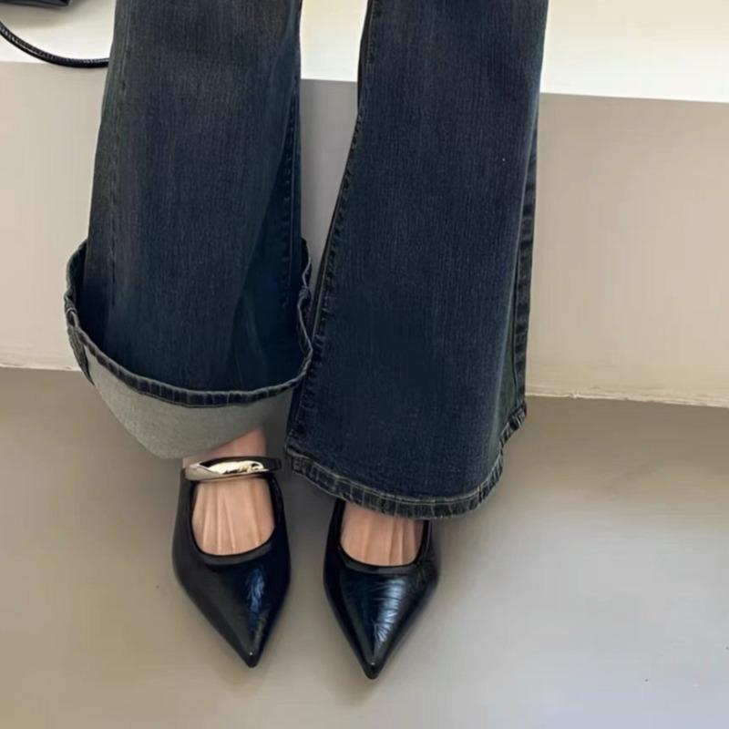 Baotou Slope Slippers Spring New Pointed Head Shallow Mouth Metal Buckle Soft Sole Anti-slip Wear-resistant Sandals