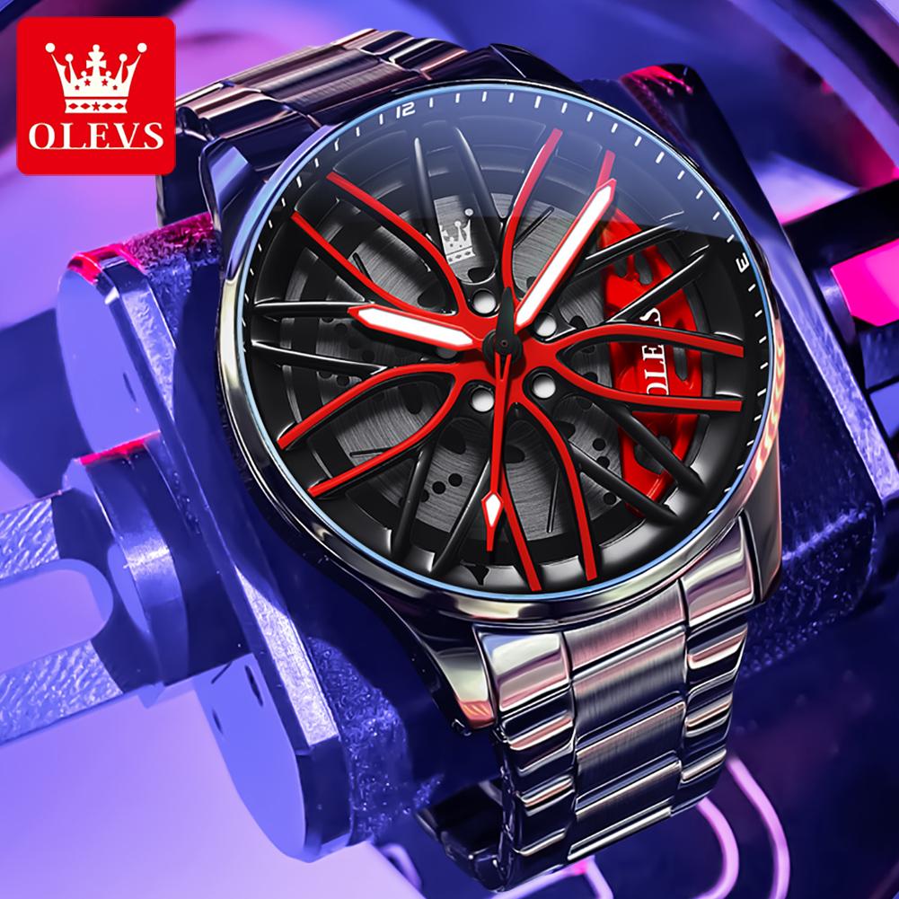 OLEVS Men's Watches Trend Fashion Personality Racing Wheel Hub Dial Original Brand Quartz Wristwatch Waterproof Luminous reloj