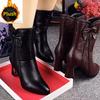 Women's Short Boots Autumn and Winter Leather Short Barrel Mid-barrel Mid-heel Fleece Boots