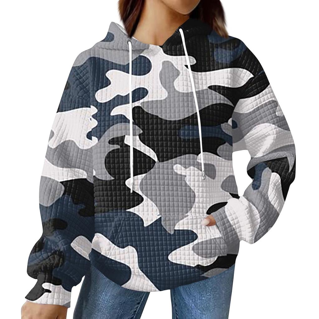Women's Fashionable Loose Fitting Hooded Pullover, Long Sleeved Sportswear, Camouflage Printed Top, Daily Hoodie