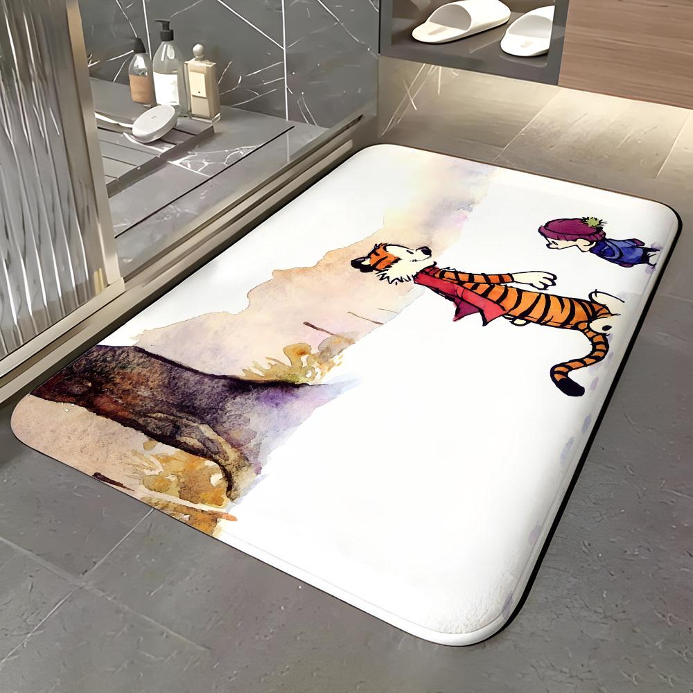 C-Calvin And Hobbes Self-adhesive Art Floor Mat Soft Flannel Entrance Door Mat Non Slip Absorbent Bathroom Bedroom Floor Rug