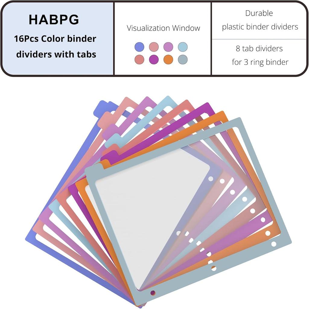 HABGP 2 Set 8 Tab Binder Dividers for 3 Ring, Plastic Binder Dividers with Tabs Letter Size Multicolor, Pastel Colors 3 Hole Punch Clear Page Folder