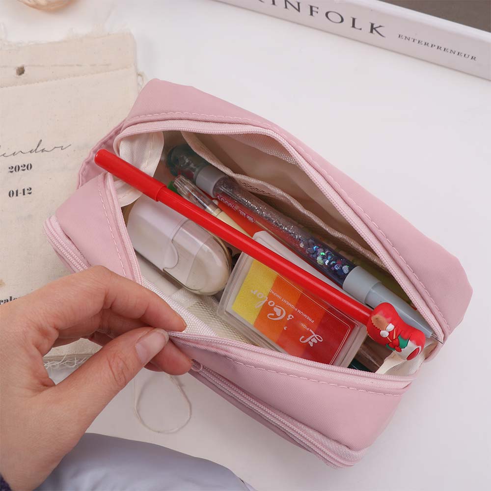 Pink Cloth Multilayer Pencil Case Large Capacity Solid Color Pencil Pouch Kids Children