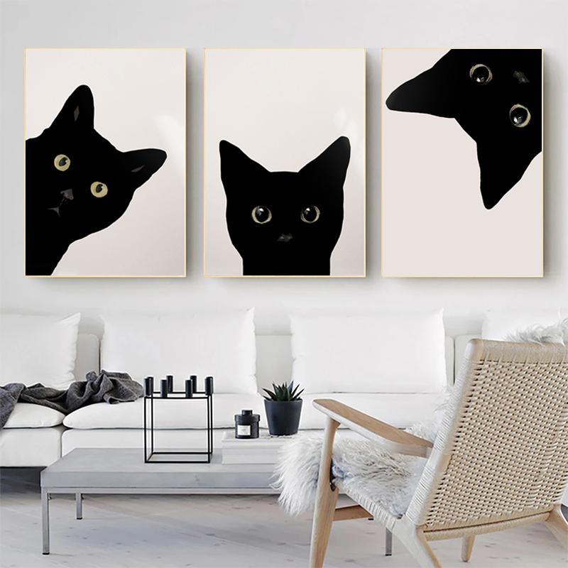 Modren Poster with Animals, Black Cat, Charming Cat, Canvas, Painting, Wall Art Decoration, Drawing Room, Home Decor, Wall Decoration