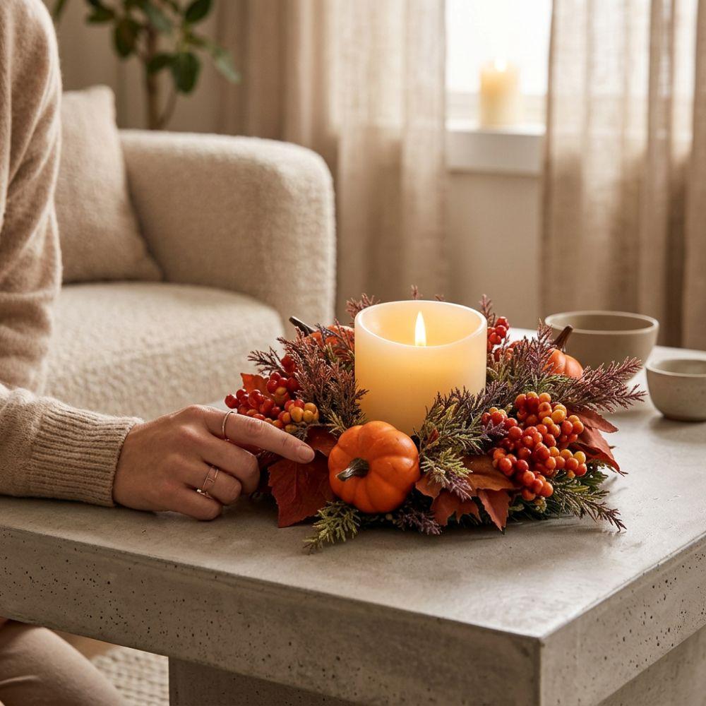 Long Lasting Faux Maple Leaf Candle Ring Fade Resistant Fall Harvest Wreath Door Decor