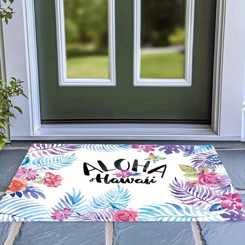 1pc Flannel Material Rectangular Door Mat, 10Mm Thickness And 450G/M2 Density, with "ALOHA Hawaii" And Multicolor Flowers And Leaves Design, Flannel R