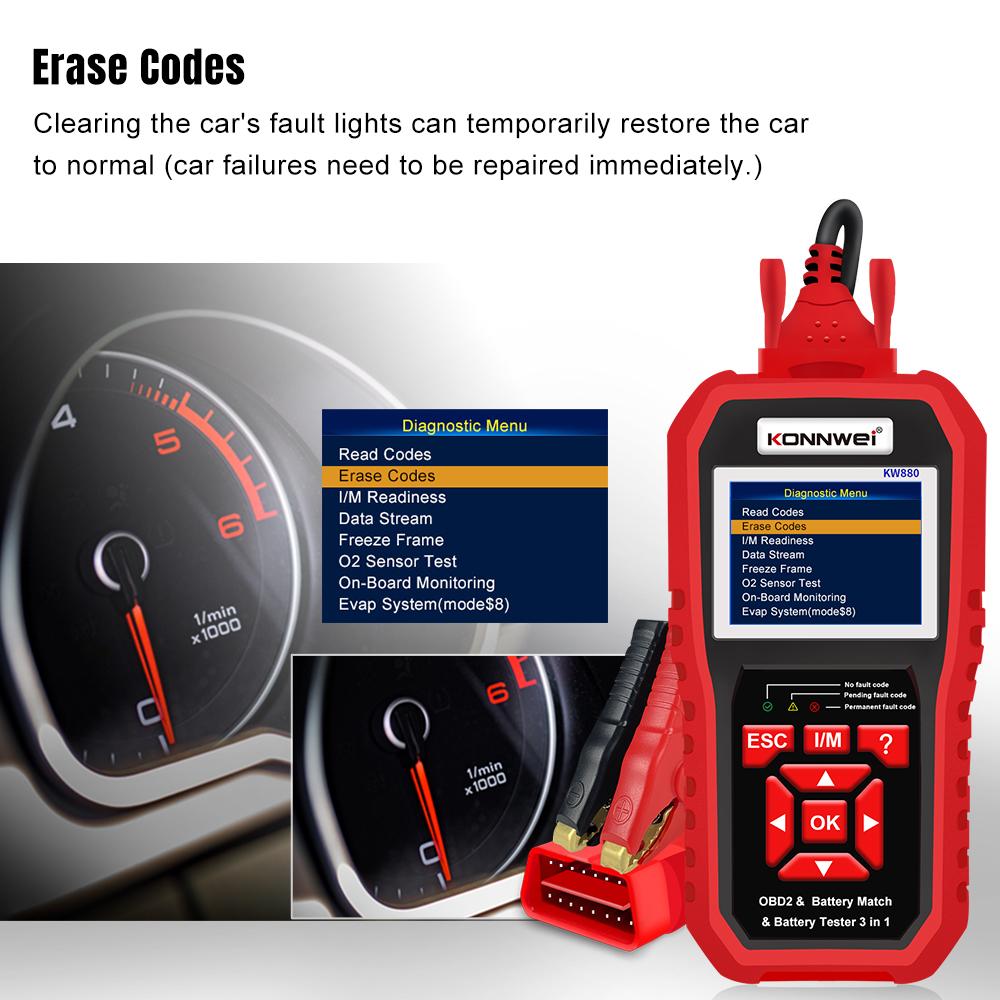 KONNWEI KW880 12 В автомобильный тестер-анализатор аккумулятора, автоматический диагностический инструмент, 3 в 1 автомобильный сканер OBD2, считыватель кодов