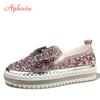 Aphixta Big Size 42 43 Flats Women Leather Loafers Flat Platform Wine Red Shoes Crystal Sequined Bow Casual Shoes