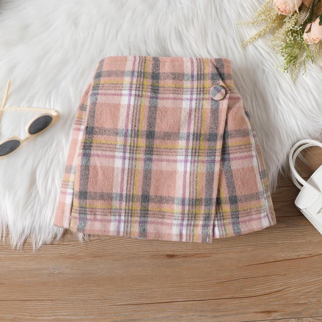 Девочки Осенне-Зимний Комплект: Однотонный топ в рубчик с рукавами-крылышками, юбка и брюки в нерегулярную клетку