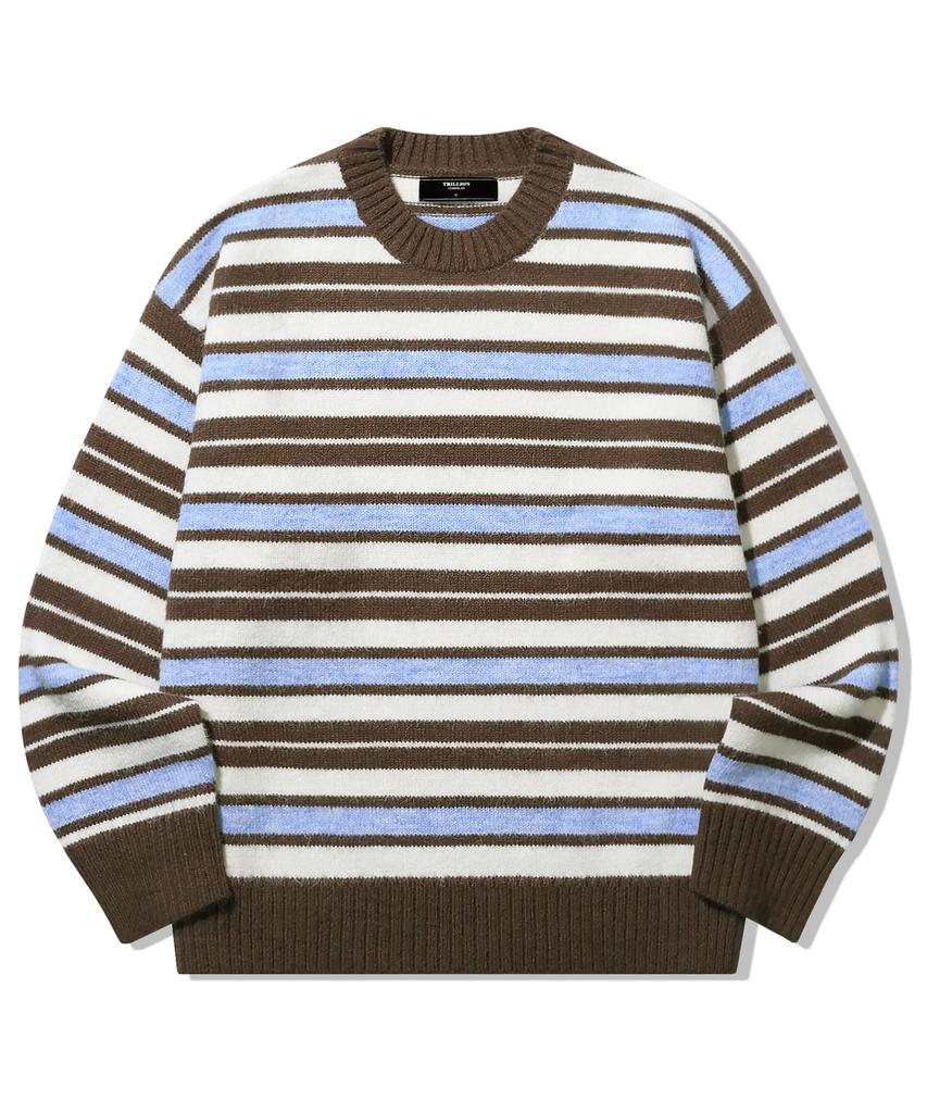 TRILLION Washable Hairy Stripe Crewneck Knit_Brown