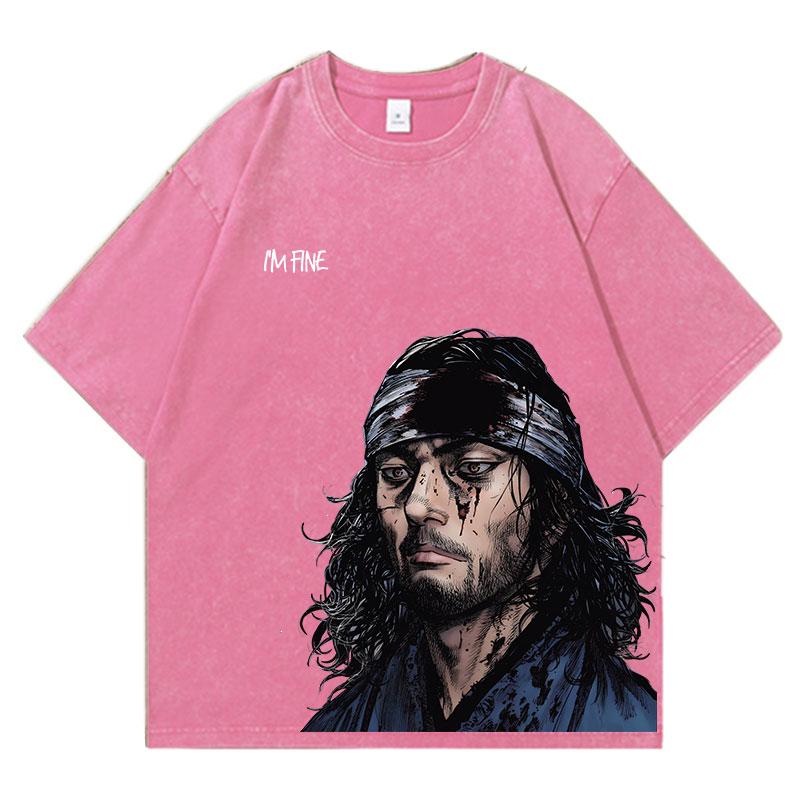 Аниме Футболки Vagabond с кислотной стиркой Мужские Винтажные Футболки с вываркой Оверсайз Хлопковая Футболка Хлопковая Мода Уличная Одежда Унисекс Топ