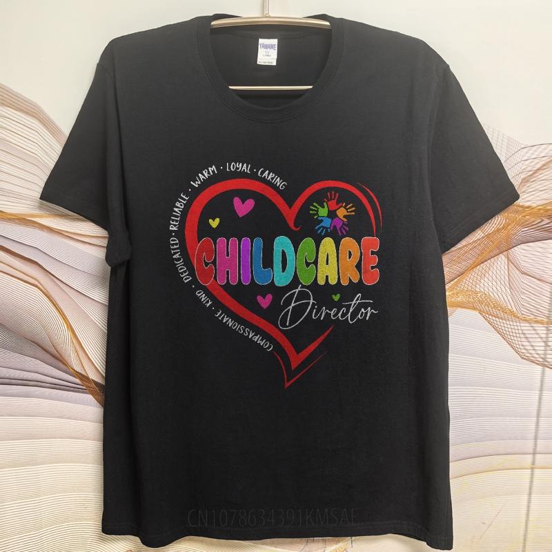 Fashion Summer For Men tshirt Childcare Director Heart Design With Rainbow Text Short Sleeve Solid Color Round Neck Top Tees