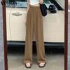 VONDA Women Casual Elastic Waist Solid Color Straight Trousers
